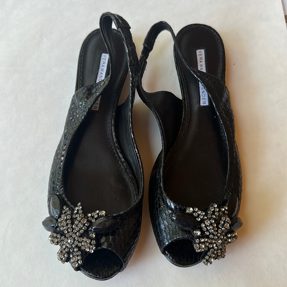 VERA WANG LAVENDER Lyza Black Snake Embossed Crystal Slingback Sandals